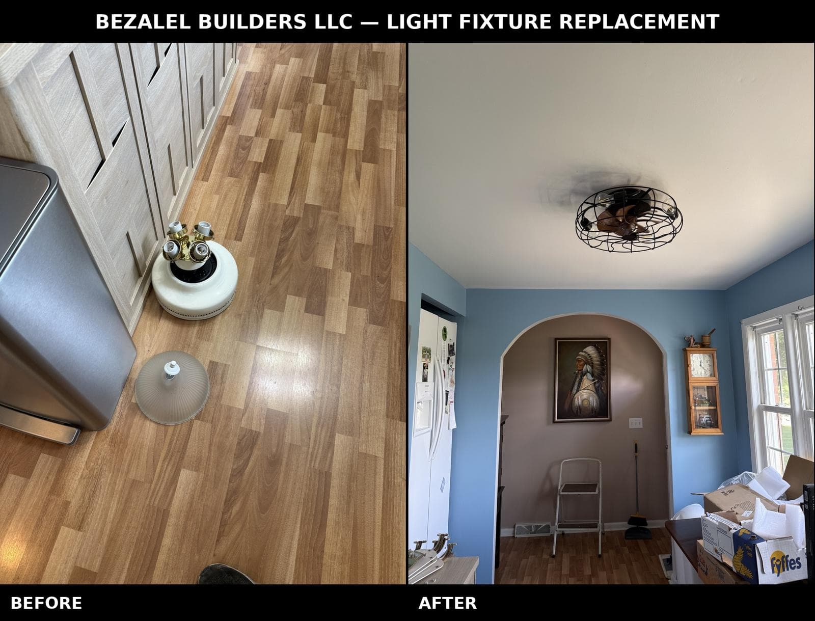 Before and after light fixture replacement by Bezalel Builders LLC