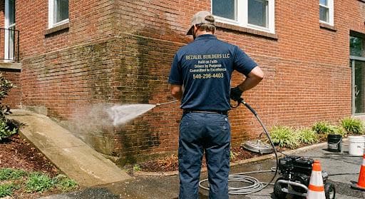 Bezalel Builders LLC crew pressure washing a brick building